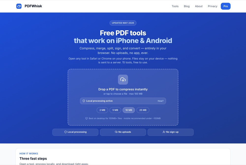 Home page of the PDFWhisk website, a set of browser-based PDF tools