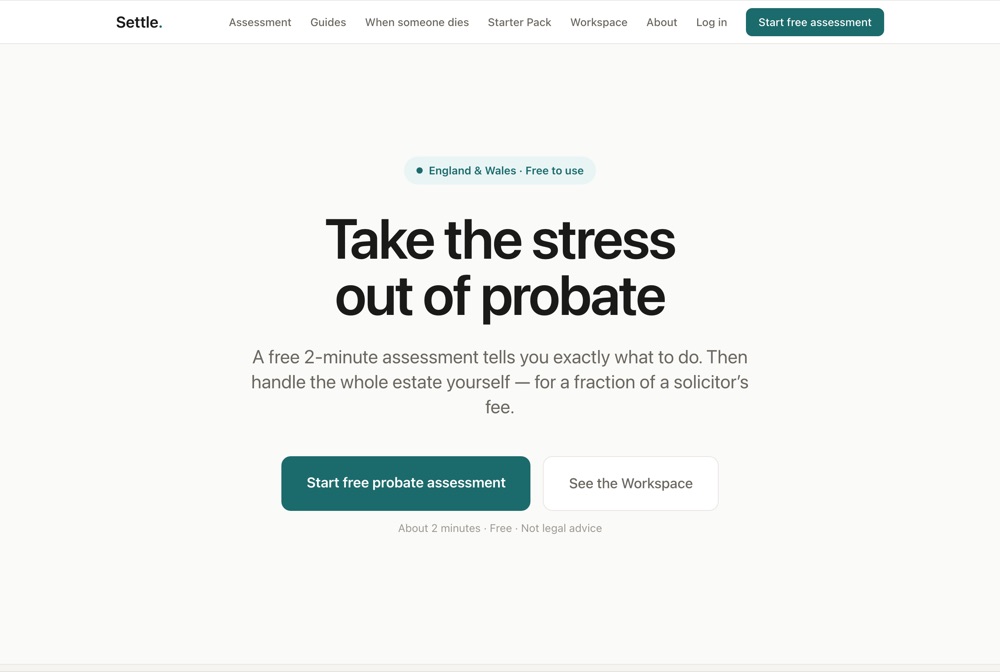Home page of the Settle Probate website, a guided UK probate service